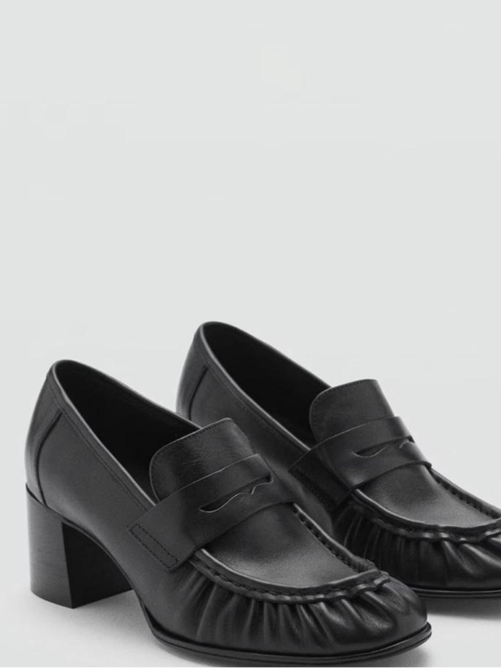 Mango Black Leather Penny Loafers with Block Heel Size 9